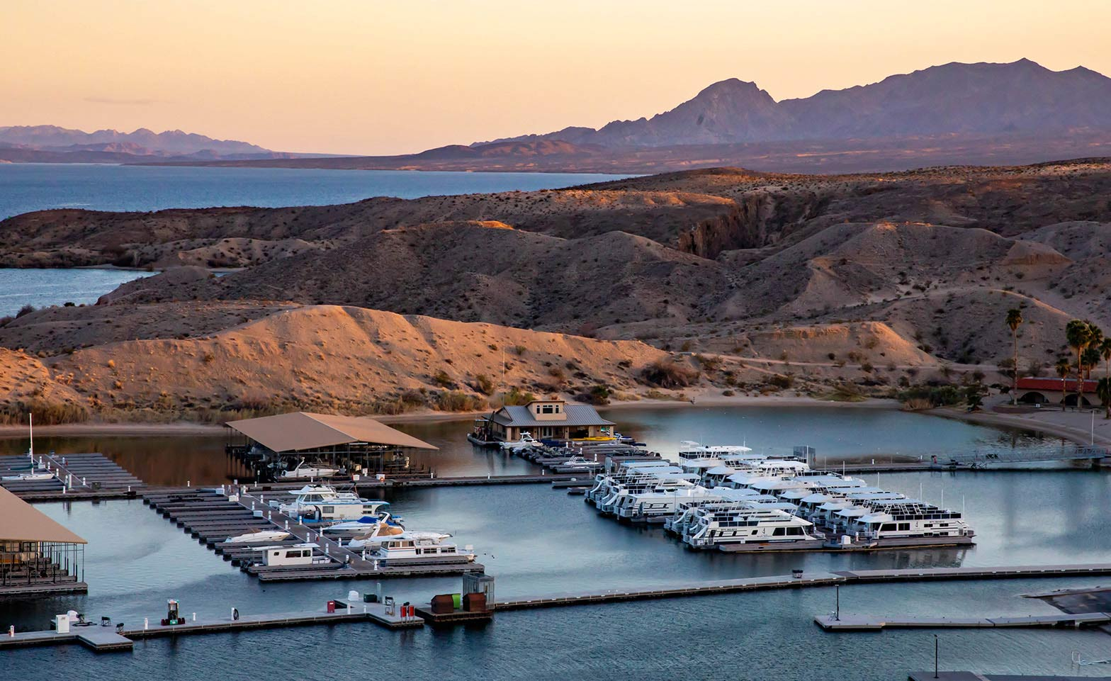Cottonwood Cove marina with houseboats on Lake Mohave at sunset